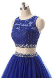 A Line Two Pieces Lace Sequins Beads Open Back Appliques Sleeveless Prom Dresses