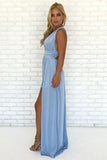 A-Line V Neck Criss Cross Light Blue Chiffon Long Prom Dresses with Split, Formal Dresses STF15053