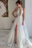 A Line Appliques Ivory Open Back Wedding Dresses, Long Beach Bridal Dresses STF14990
