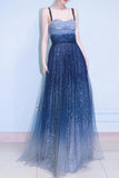 Elegant A Line Royal Blue Straps Floor Length Prom Dresses, Ombre Dance Dresses STF15150