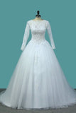 2024 Bateau Long Sleeves A Line Tulle Wedding Dresses With Applique P8EE41ME