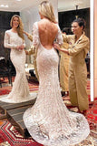 Ivory Backless Long Sleeves Mermaid Wedding Dress Embroidery& Beads Wedding STFPYJ9JRQB