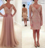 Elegant Long Sleeve Lace Tulle Pink Sexy A-Line V-Neck Prom Dresses 2024