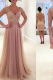 Elegant Long Sleeve Lace Tulle Pink Sexy A-Line V-Neck Prom Dresses 2024
