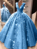Ball Gown V Neck Floor Length Prom Dresses with Appliques, Quinceanera Dress STF15565