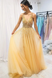 A Line Floor Length Tulle Prom Dress With Sequins Cheap V Neck Long Formal STFP1NJG7JC