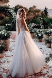 Elegant A Line V Neck Tulle Wedding Dresses with Flowers, V Back Beach Wedding Gowns STF15513