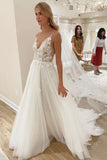 Elegant A line Spaghetti Straps V Neck Tulle Wedding Dresses, Wedding STF20411