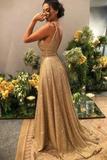 Gold V Neck Sequins Formal Dresses A Line Sleeveless Sparkly Sweep Train Prom STFPST6TC5H