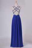2024 A Line Prom Dresses Spaghetti Straps Chiffon With Ruffles And Beads Open P7AARKBF