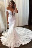 Sexy Off the Shoulder Lace Mermaid Ivory Wedding Dresses, Long Bridal Dresses STF15344
