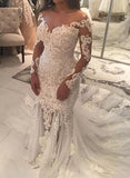 Long Sleeve Sparkly Mermaid V Neck Beads Wedding Dresses With Applique STF15249