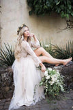 Princess Long Sleeve Lace Top Beach Wedding Dresses With Slit Tulle Ivory Wedding Gowns STF15299
