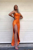 Simple Strapless Mermaid Orange Prom Dresses with High Split, Floor Length Formal Dress STF15402