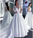 A Line Round Neck White Prom Dresses Bowknot Satin Wedding Dresses STF15022