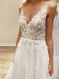 Elegant A line Spaghetti Straps V Neck Tulle Wedding Dresses, Wedding STF15639