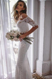Two Pieces Ivory Lace Mermaid Off The Shoulder Wedding Dresses Beach Wedding STFPY4YB198