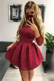 Cute Off the Shoulder Long Sleeves Burgundy Lace Homecoming Dresses Sweet 16 Dresses STF14972