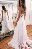 A Line V Neck Sleeveless Lace Wedding Dress Long Bridal Dress With STFP7LAJH3P