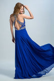 2024 Halter A-Line/Princess Prom Dresses Tulle And Chiffon Dark Royal Blue Sweep PQXFC978