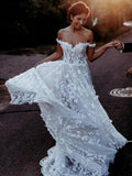 A Line Sweetheart Off the Shoulder Tulle Ivory Long Wedding Dresses with Appliques STF15557