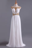 2024 White A Line Prom Dresses Bateau Open Back Chiffon With Beads & Ruffles PDT1Q2C2