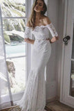 2 Pieces Ivory Lace Mermaid Off the Shoulder Wedding Dresses, Beach Wedding Gowns STF14986