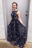 Gorgeous A Line Bateau Blue Floral Tulle Long Prom Dresses, Cheap Formal Dresses STF15234