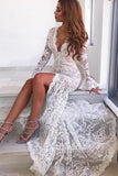 V-Neck Sheath Long Sleeves Ivory Lace Beach Wedding Dresses P2SJBX5C