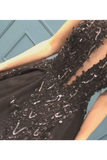 Sexy Ball Gown High Neck Black Tulle V Neck Sequins Party Dresses Prom STFPQC2HNL1