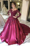 Ball Gown Long Sleeves Burgundy Satin Beads Prom Dresses with Appliques, Quinceanera Dress STF15498