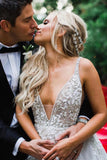 Elegant A Line Illusion Beads V Neck Tulle Long Backless Wedding Dresses, Prom Dresses STF15510