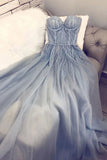 A Line Blue Strapless Sweetheart Tulle Appliques Prom Dresses, Charming Prom Gowns STF14993