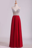 2024 A Line V Neck Prom Dresses Chiffon With Beads And Slit Sweep PJNRS77G