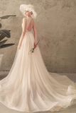 Ivory Jewel Sleeveless Tulle Wedding Dress With Lace A Line Pleats Open Back Bridal STFPXNMNP57