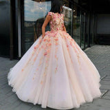 Princess Ball Gown Pink Tulle Prom Dresses with Handmade Flowers, Quinceanera STF20430