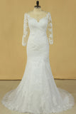 2024 Plus Size Mermaid Open Back Wedding Dresses 3/4 Length Sleeve Tulle With PQMJER5R