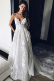 Charming Spaghetti Straps Long Ivroy Lace Wedding Dresses P6S4RHET