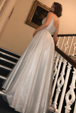 Glitter Long Prom Dresses A-Line V Neck Sequins Formal STFPM5GPNTE