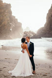 Elegant Spaghetti Straps V Neck Chiffon Backless Beach Wedding Dresses Bridal Gowns STF14976