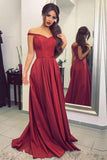 Satin Off the Shoulder A-line Sweep Train Sashes Sweetheart Burgundy Prom Dresses STF13450