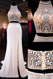 2024 Two Pieces Mermaid Long Halter Beaded Custom Cheap With Slit Prom Dresses