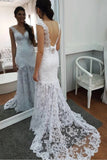 Elegant Mermaid Lace Applique V Neck Wedding Dresses Backless Wedding Gowns STF15180