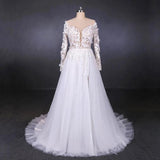 Long Sleeves White A-line Tulle Beach Wedding Dresses with Lace Appliques, Bridal Dress STF15255