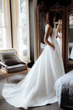 Simple Round Neck Satin Ivory Wedding Dresses with Pockets, Long Wedding Gowns STF15398