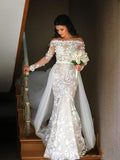 Mermaid Long Sleeve Lace Appliques Off the Shoulder Detachable Train Wedding Dresses STF15262