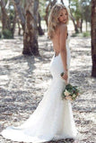 Sexy Spaghetti Straps Mermaid Lace Ivory Wedding Dresses, V Neck Beach Wedding Gowns STF15359