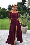 Modest Off the Shoulder Burgundy Bridesmaid Dresses with Slit, Prom STF15655