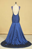 2024 Dark Royal Blue Scoop Prom Dresses Mermaid Taffeta Sweep Train With PNA5B6PS