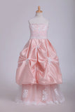 2024 A Line Flower Girl Dresses Strapless With Applique Tulle Floor PQAXBZ1R